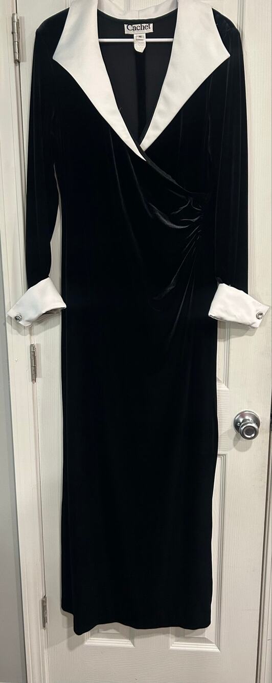 Vintage 80s 90s CACHET Velvet Tuxedo Maxi Dress Gown Black White Satin Collar 16
